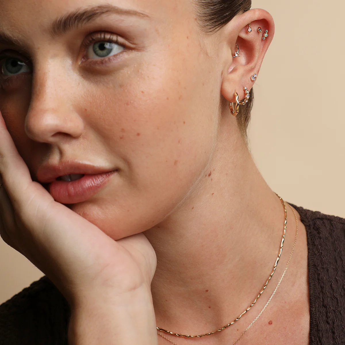 White Topaz Pear Daith Hoop in Solid Gold - Image 4
