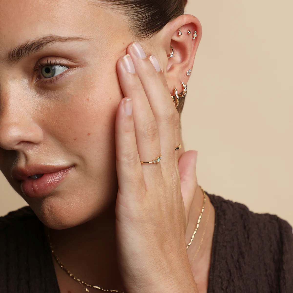 White Topaz Pear Daith Hoop in Solid Gold - Image 6