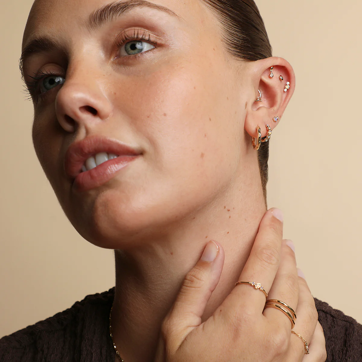 White Topaz Pear Daith Hoop in Solid Gold - Image 8