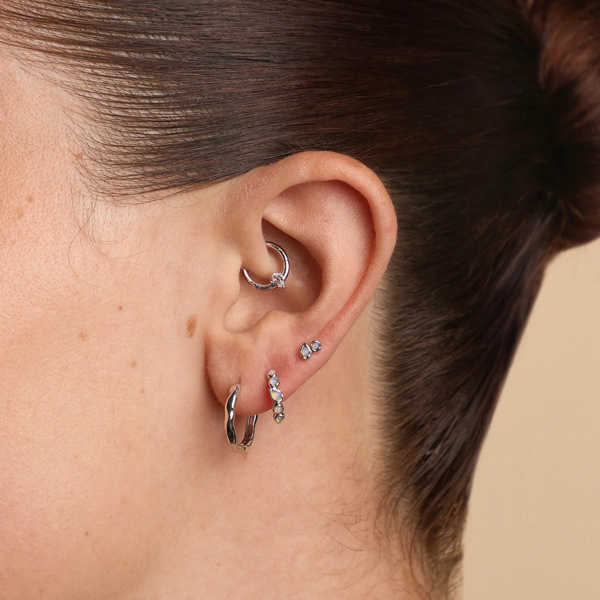 White Topaz Pear Daith Hoop in Solid White Gold - Image 3