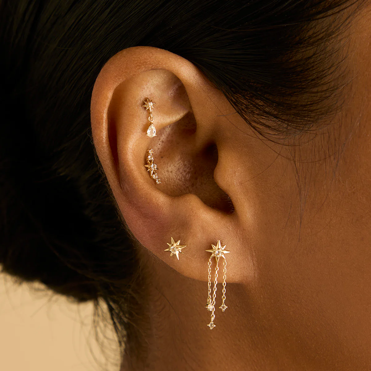 White Topaz Star Studs in Solid Gold - Image 3