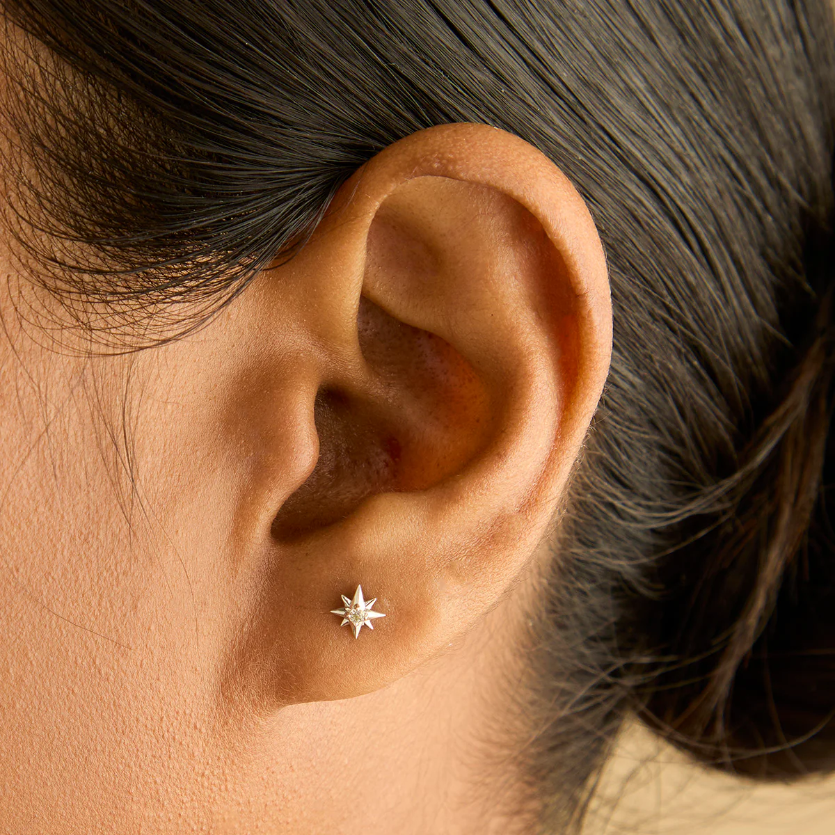 White Topaz Star Studs in Solid White Gold - Image 2